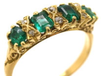 Victorian 18ct Gold, Four Stone Emerald & Diamond Carved Half Hoop Ring
