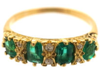 Victorian 18ct Gold, Four Stone Emerald & Diamond Carved Half Hoop Ring