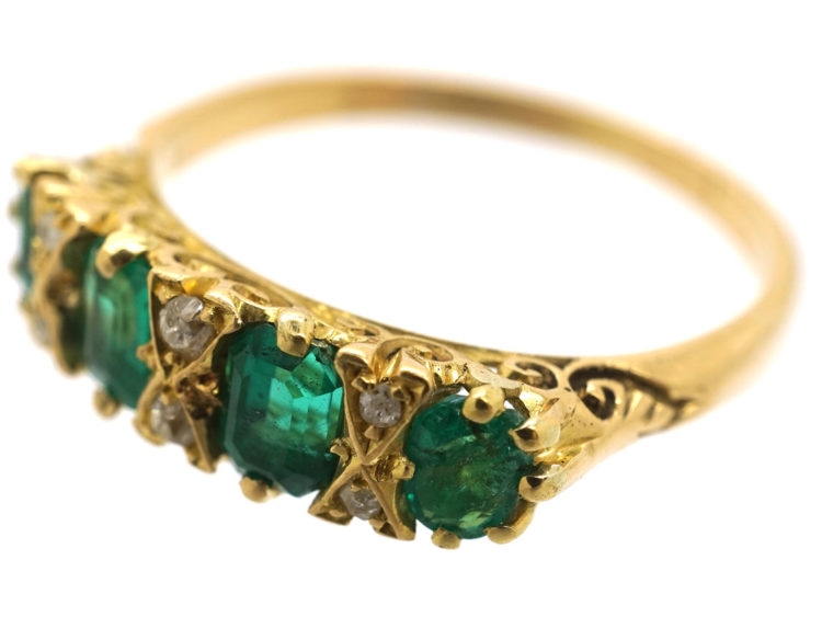 Victorian 18ct Gold, Four Stone Emerald & Diamond Carved Half Hoop Ring