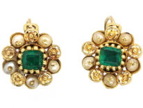 Georgian 18ct Gold, Emerald & Pearl Cluster Earrings