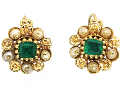 Georgian 18ct Gold, Emerald & Pearl Cluster Earrings