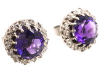9ct White Gold, Amethyst & Diamond Cluster Earrings