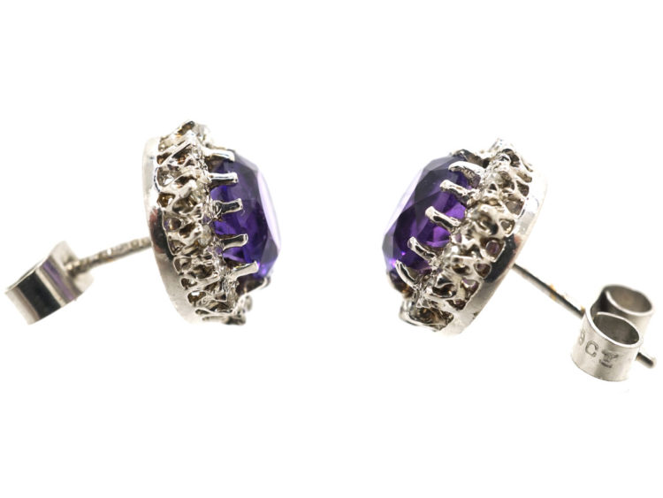 9ct White Gold, Amethyst & Diamond Cluster Earrings