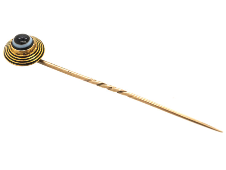 Victorian 18ct Gold, Black Enamel & Banded Onyx Tie Pin