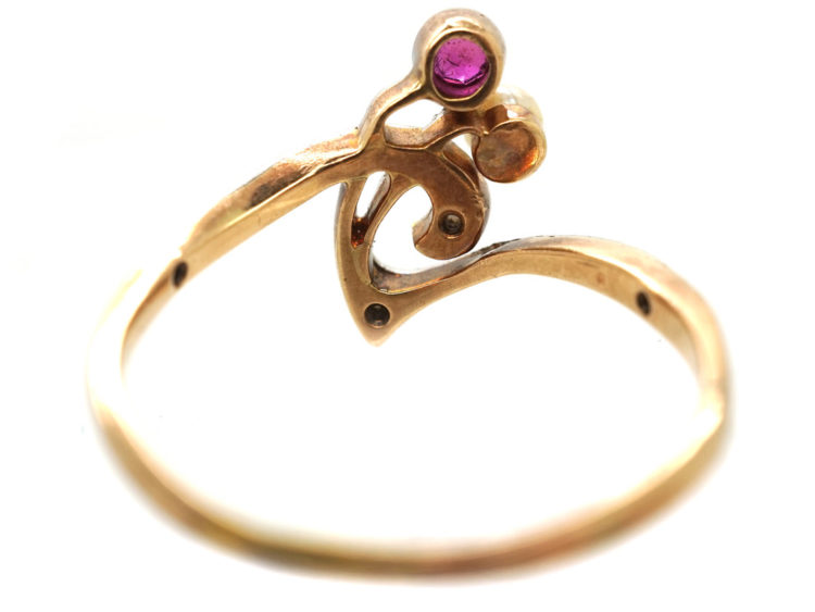 Art Nouveau 14ct Gold & Platinum, Ruby, Pearl & Diamond Flower Sprig Ring
