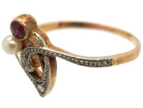 Art Nouveau 14ct Gold & Platinum, Ruby, Pearl & Diamond Flower Sprig Ring