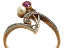 Art Nouveau 14ct Gold & Platinum, Ruby, Pearl & Diamond Flower Sprig Ring