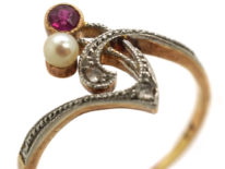 Art Nouveau 14ct Gold & Platinum, Ruby, Pearl & Diamond Flower Sprig Ring