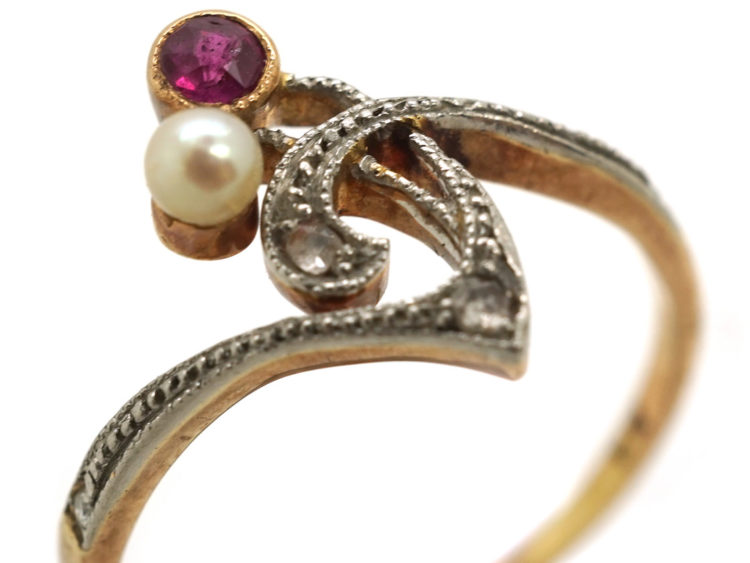 Art Nouveau 14ct Gold & Platinum, Ruby, Pearl & Diamond Flower Sprig Ring