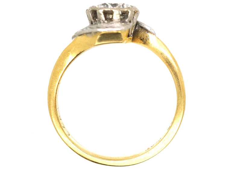 Art Deco 18ct Gold & Platinum Diamond Solitaire Ring With Leaf Detail
