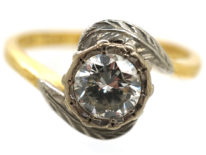 Art Deco 18ct Gold & Platinum Diamond Solitaire Ring With Leaf Detail
