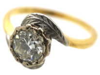 Art Deco 18ct Gold & Platinum Diamond Solitaire Ring With Leaf Detail