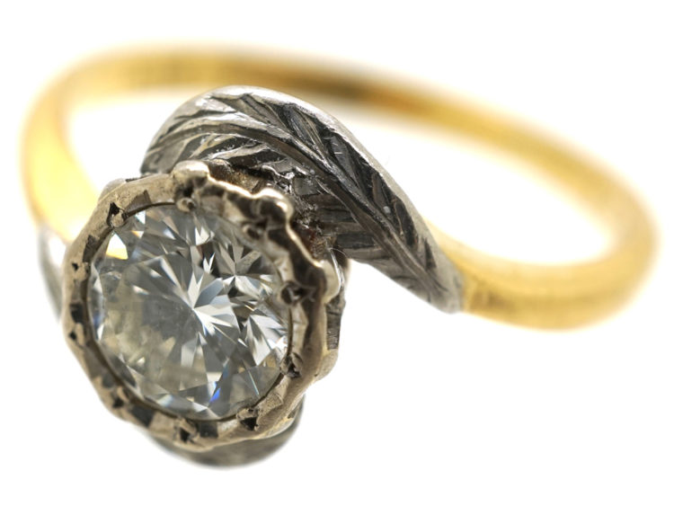 Art Deco 18ct Gold & Platinum Diamond Solitaire Ring With Leaf Detail