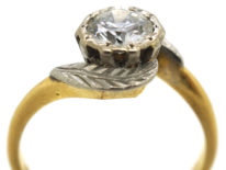 Art Deco 18ct Gold & Platinum Diamond Solitaire Ring With Leaf Detail