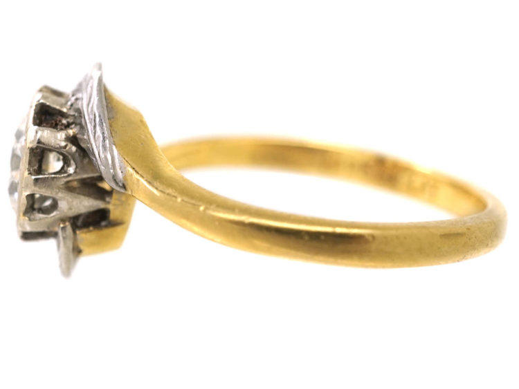 Art Deco 18ct Gold & Platinum Diamond Solitaire Ring With Leaf Detail