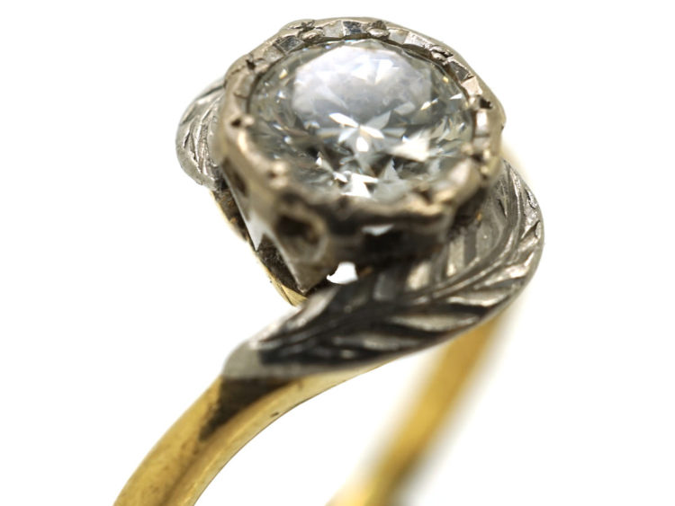 Art Deco 18ct Gold & Platinum Diamond Solitaire Ring With Leaf Detail