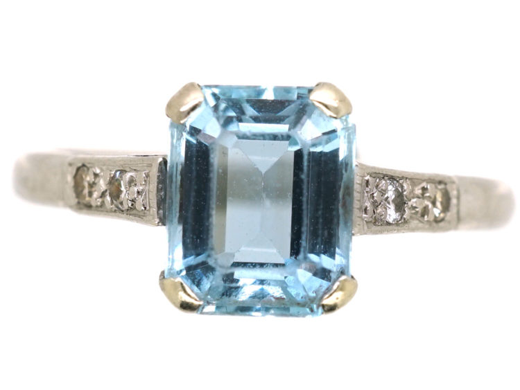 Art Deco 18ct White Gold, Aquamarine & Diamond Ring