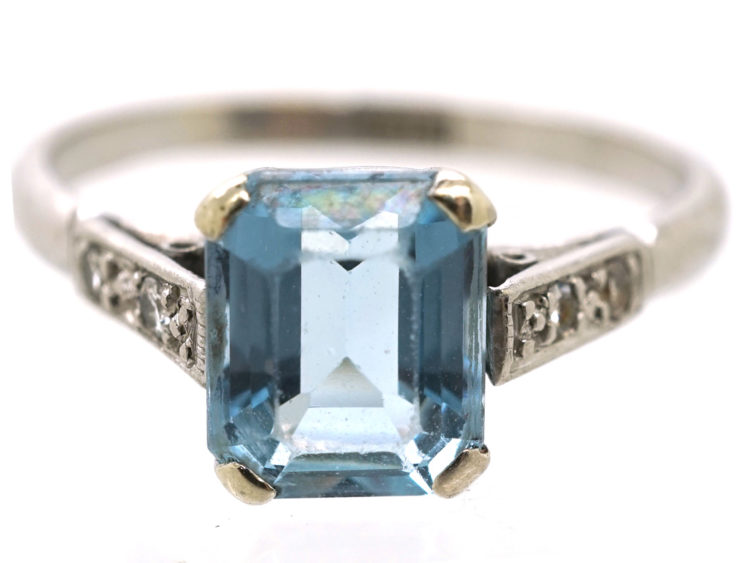 Art Deco 18ct White Gold, Aquamarine & Diamond Ring
