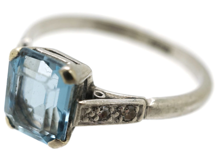 Art Deco 18ct White Gold, Aquamarine & Diamond Ring
