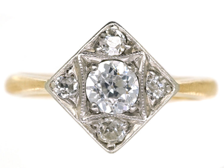 Art Deco 18ct Gold & Platinum, Diamond Shaped Ring Set With Diamonds