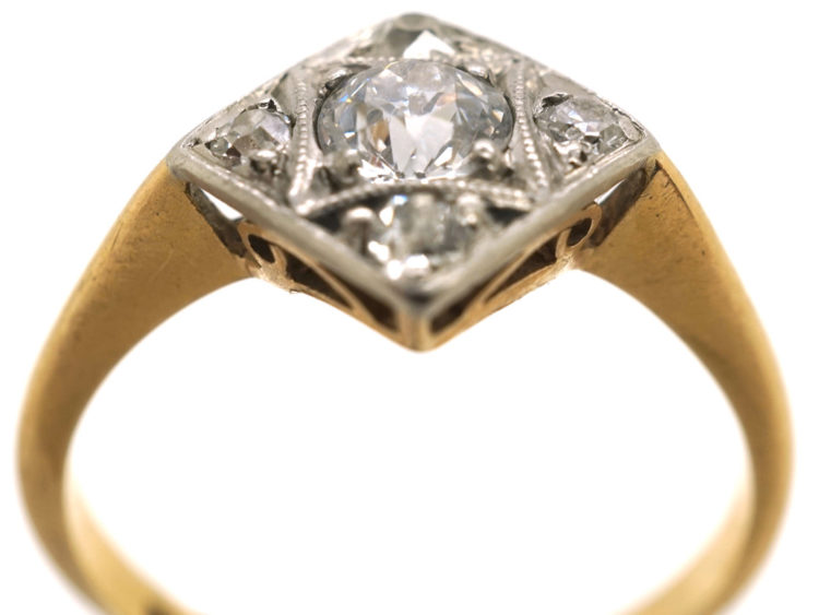 Art Deco 18ct Gold & Platinum, Diamond Shaped Ring Set With Diamonds