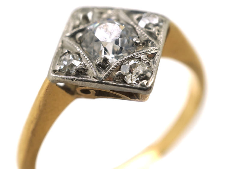 Art Deco 18ct Gold & Platinum, Diamond Shaped Ring Set With Diamonds
