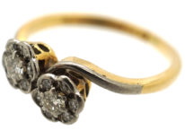 18ct Gold & Platinum Double Cluster Crossover Diamond Ring
