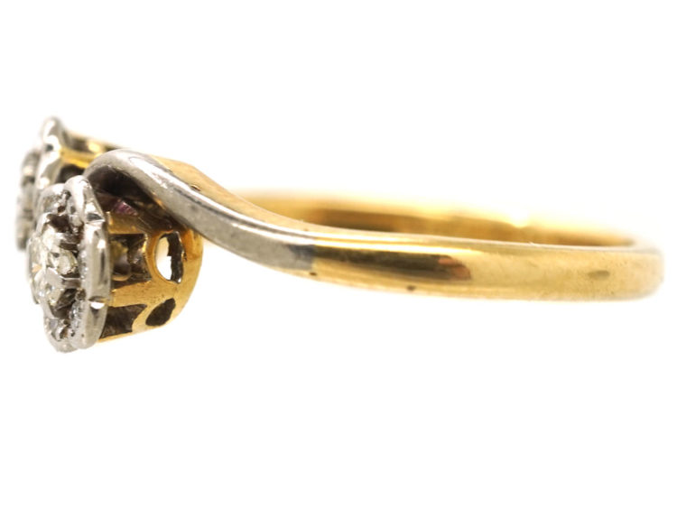 18ct Gold & Platinum Double Cluster Crossover Diamond Ring