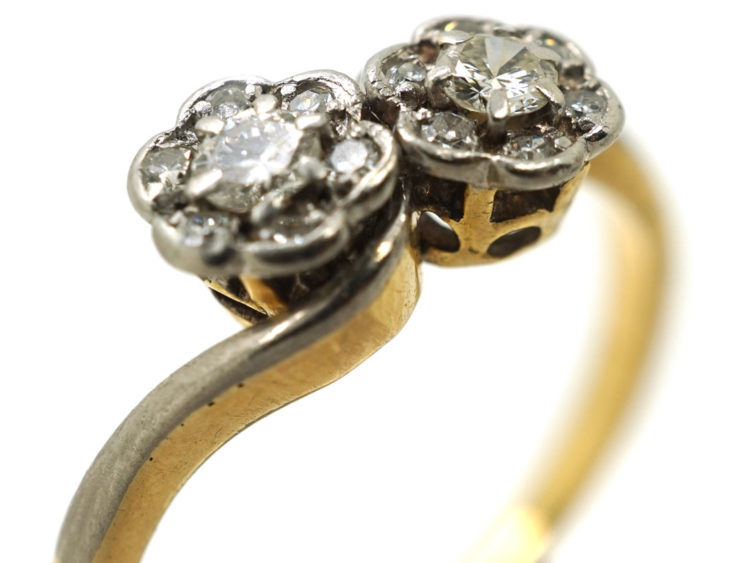 18ct Gold & Platinum Double Cluster Crossover Diamond Ring