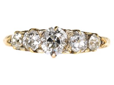Victorian 18ct Gold Five Stone Diamond Carved Half Hoop Ring