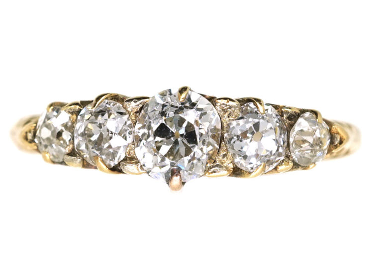 Victorian 18ct Gold Five Stone Diamond Carved Half Hoop Ring