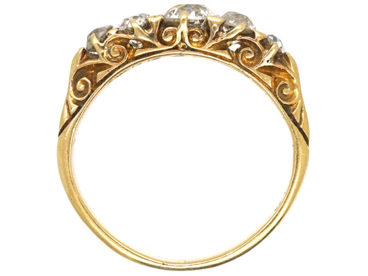 Victorian 18ct Gold Five Stone Diamond Carved Half Hoop Ring