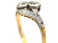 Edwardian 14ct Gold & Platinum, Two Stone Diamond Crossover Ring With Diamond Set Split Shoulders