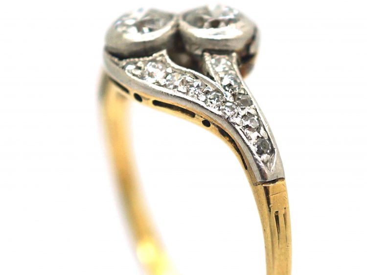 Edwardian 14ct Gold & Platinum, Two Stone Diamond Crossover Ring With Diamond Set Split Shoulders