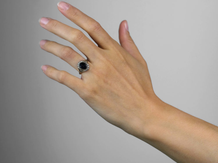 Art Deco 18ct White Gold Signet Ring With Onyx Crest Intaglio