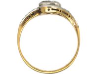 Edwardian 14ct Gold & Platinum, Two Stone Diamond Crossover Ring With Diamond Set Split Shoulders