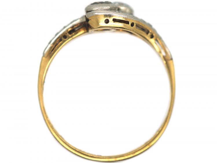 Edwardian 14ct Gold & Platinum, Two Stone Diamond Crossover Ring With Diamond Set Split Shoulders