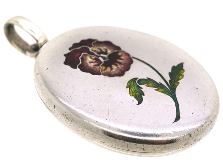 Silver Oval Locket By George Anton Scheidt With Enamelled Pansy Design