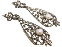 Art Deco Silver, Marcasite & Pearl Drop Earrings
