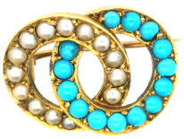 Edwardian 15ct Gold Turquoise & Natural Split Pearl Love Brooch