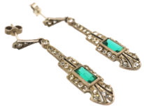 Art Deco Silver & Green & White Paste Drop Earrings