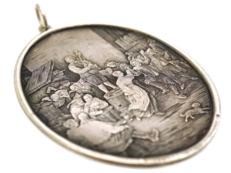 Oval Silver Pendant With Engraving of Kermesse Flamande (Flemish Feast) after Teniers