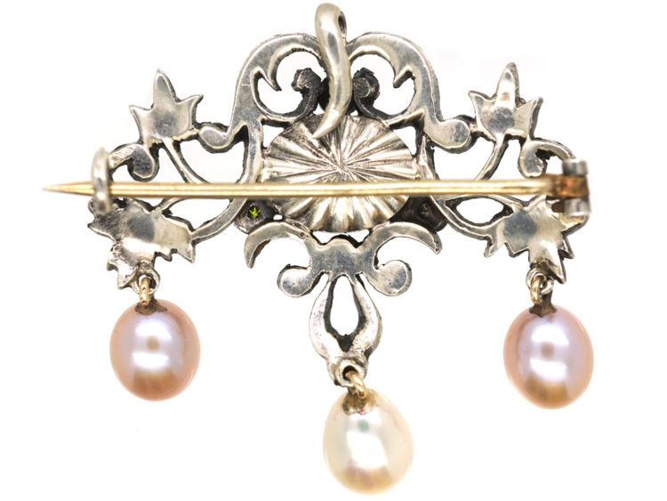 French Belle Epoque Silver, Marcasite & Green Paste Pendant / Brooch