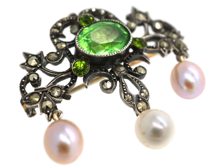 French Belle Epoque Silver, Marcasite & Green Paste Pendant / Brooch