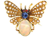 Edwardian 15ct Gold Bee Brooch Set With a Sapphire,Opal & Natural Split Pearls