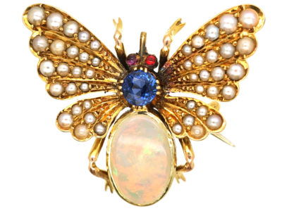 Edwardian 15ct Gold Bee Brooch Set With a Sapphire,Opal & Natural Split Pearls
