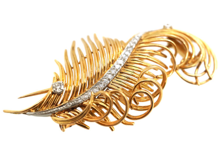 1950s 18ct Gold & Diamond Feather Brooch
