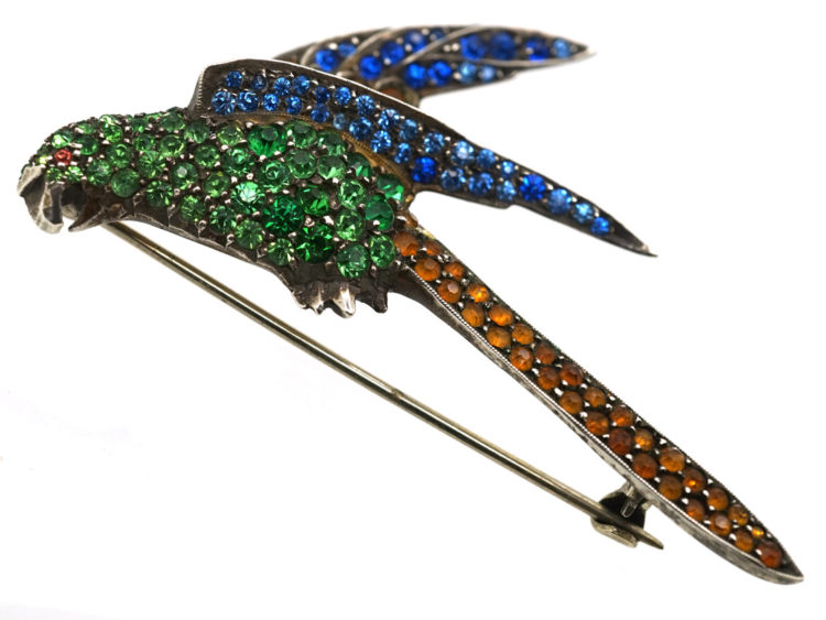 Art Deco Silver & Coloured Paste Parrot Brooch