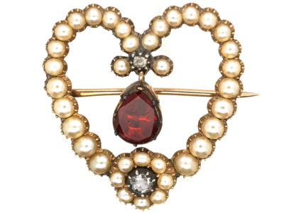 Georgian Heart Shaped Brooch Set with a Garnet, Natural Split Pearls & Diamonds Georgian Heart Shaped Brooch Set with a Garnet, Natural Split Pearls & Diamonds