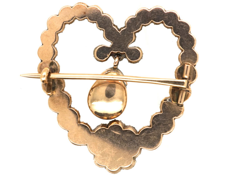 Georgian Heart Shaped Brooch Set with a Garnet, Natural Split Pearls & Diamonds